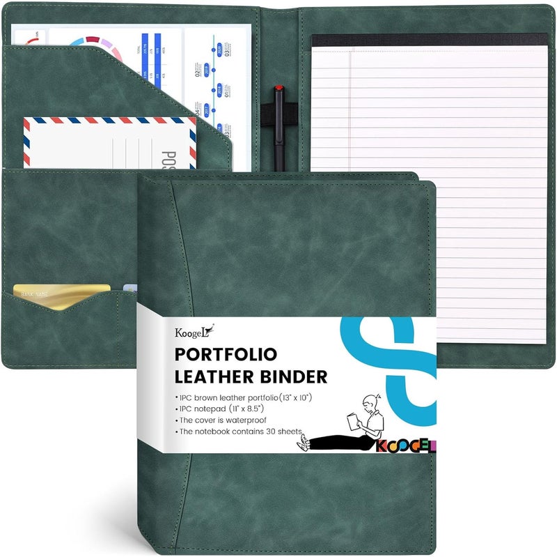 Koogel Padfolio Portfolio Folder, Leather Clipboard Portfolio Binder 13x10 inch Legal Writing Pad for Document Organizer Business Notepad Clip Boards for Office School Conference Meeting, Dark Green - Image 1